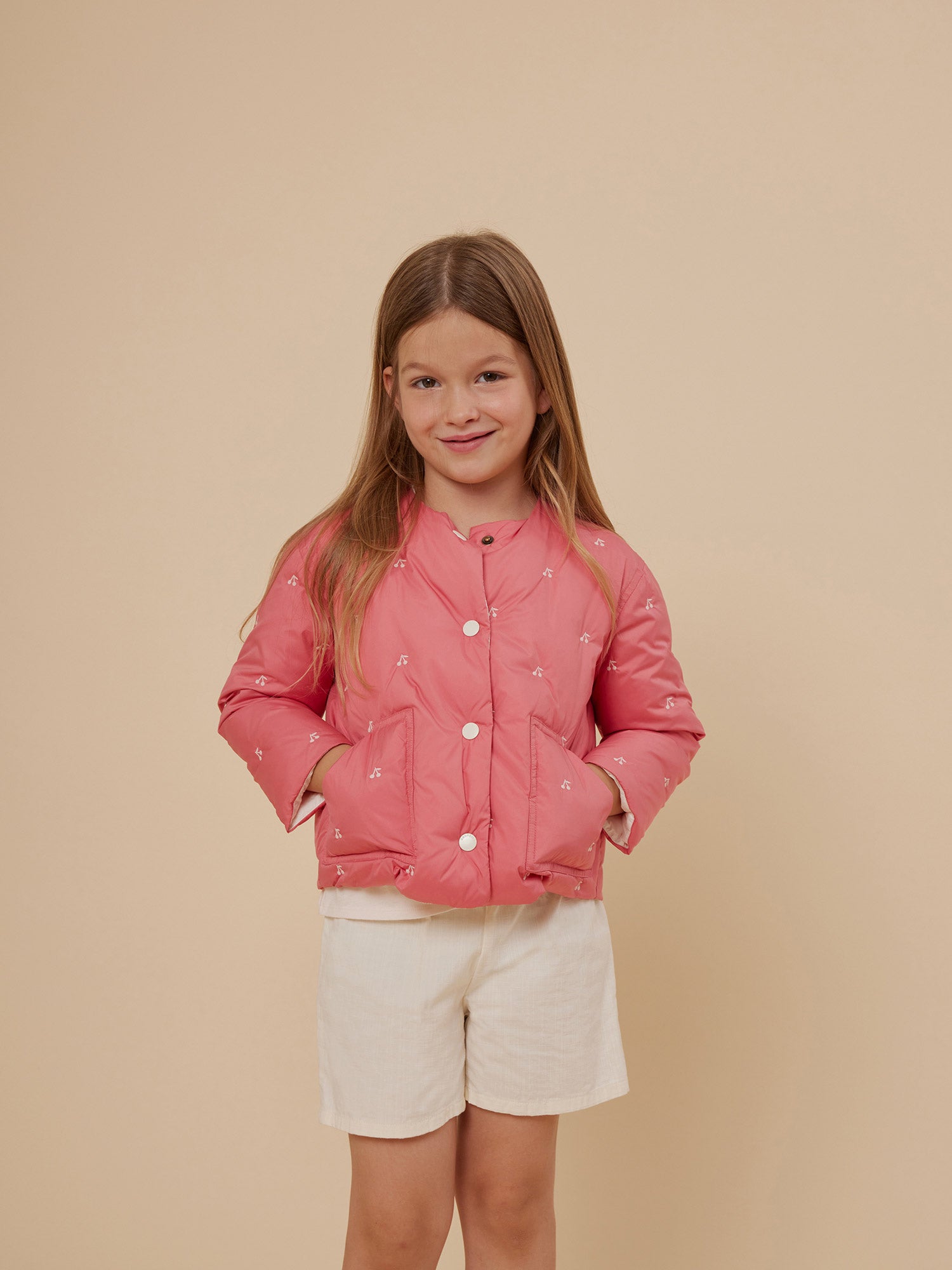 Summer 2024 girl's look cherry quilted jacket • Bonpoint