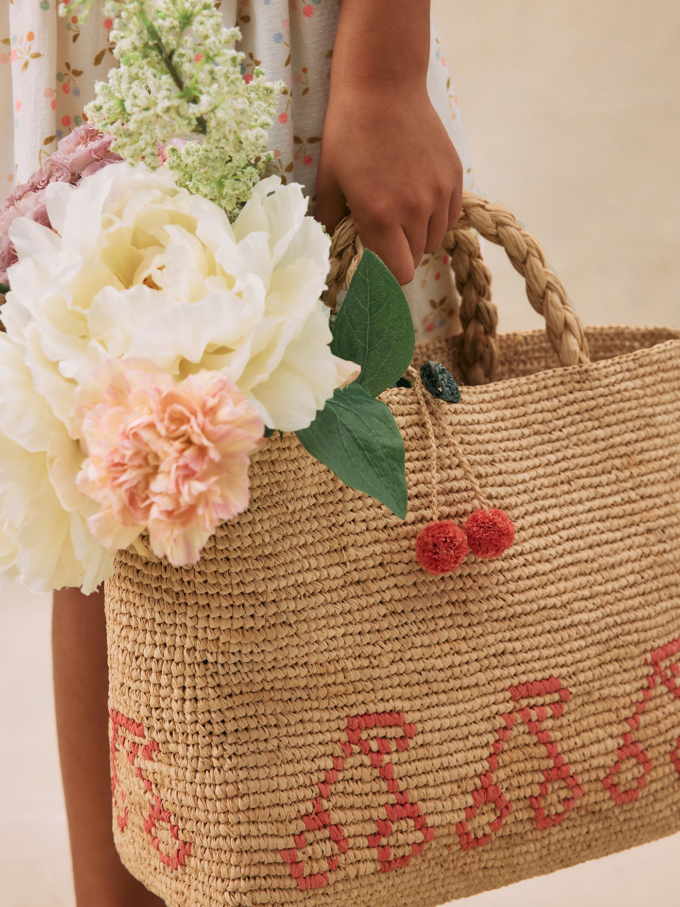 Fama tote bag in raffia with pink cherries