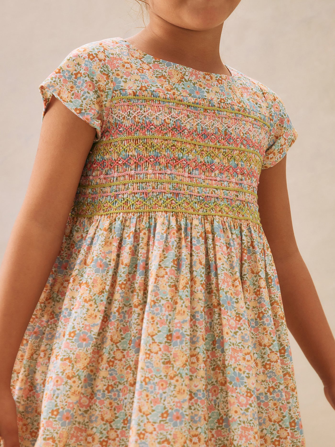 Duchesse smocked dress made with multicolor Liberty fabrics