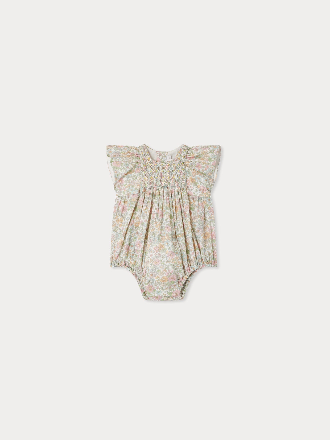 Edelili smocked romper made with Liberty fabrics