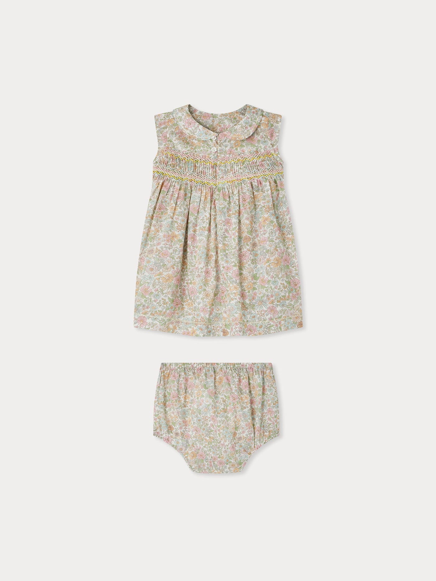 Eleanore smocked dress made with Liberty fabrics with bloomer